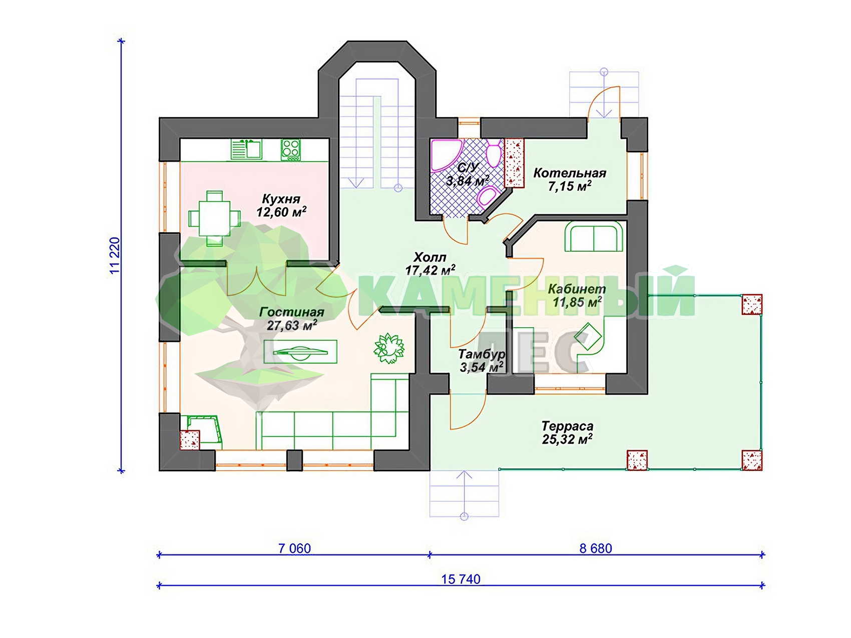 Проект 11 x 16 дома из арболита 170 м² с 3 спальнями и эркером