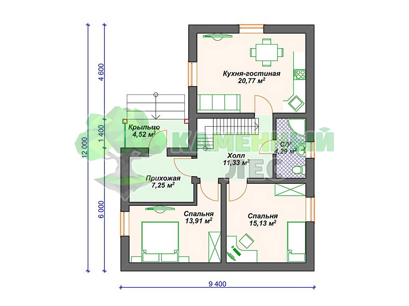 Проект 9 x 12 дома из арболита 140 м² с мансардой