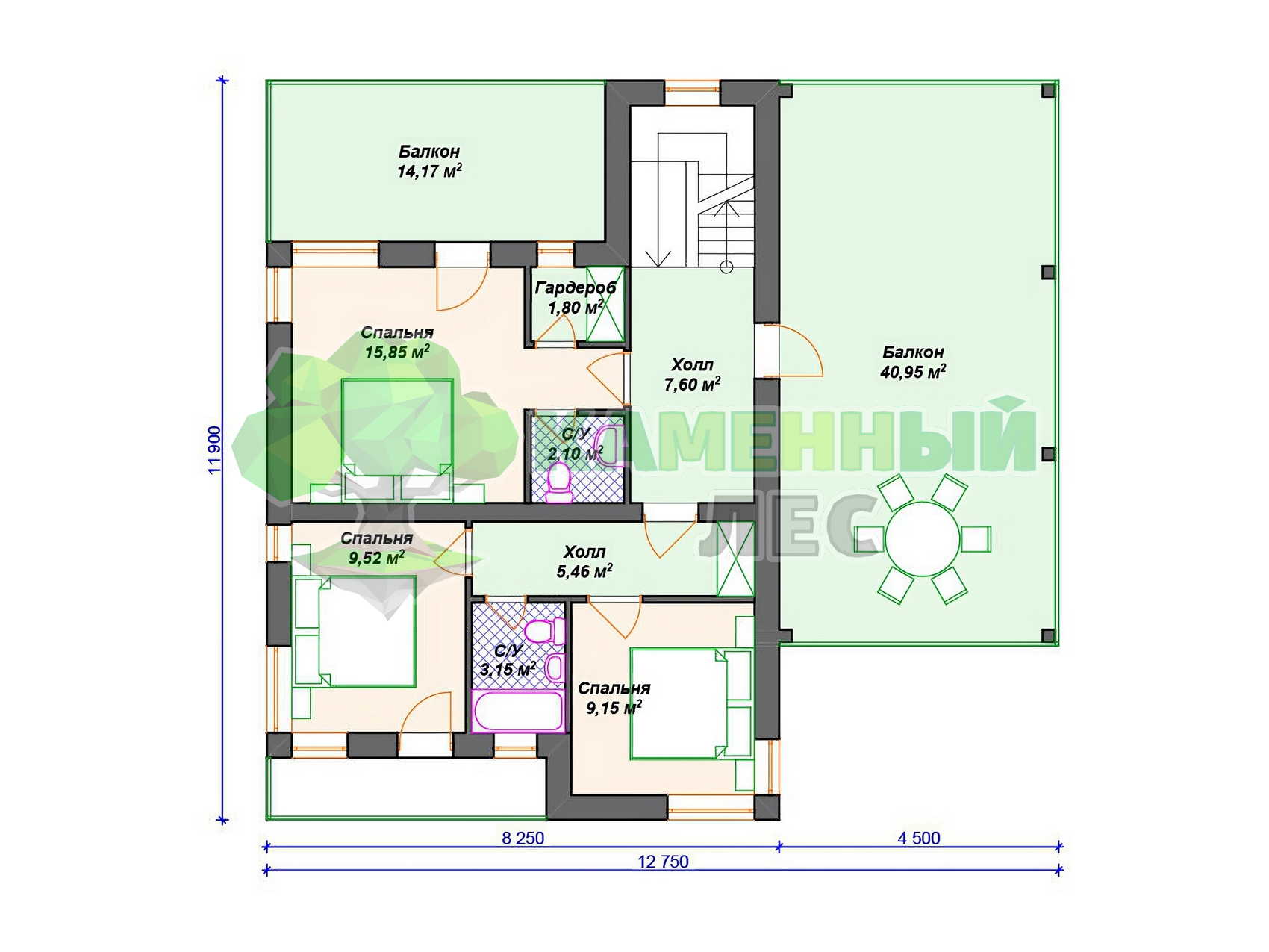 Проект 12 x 15 дома из арболита 12 на 12 м с террасой