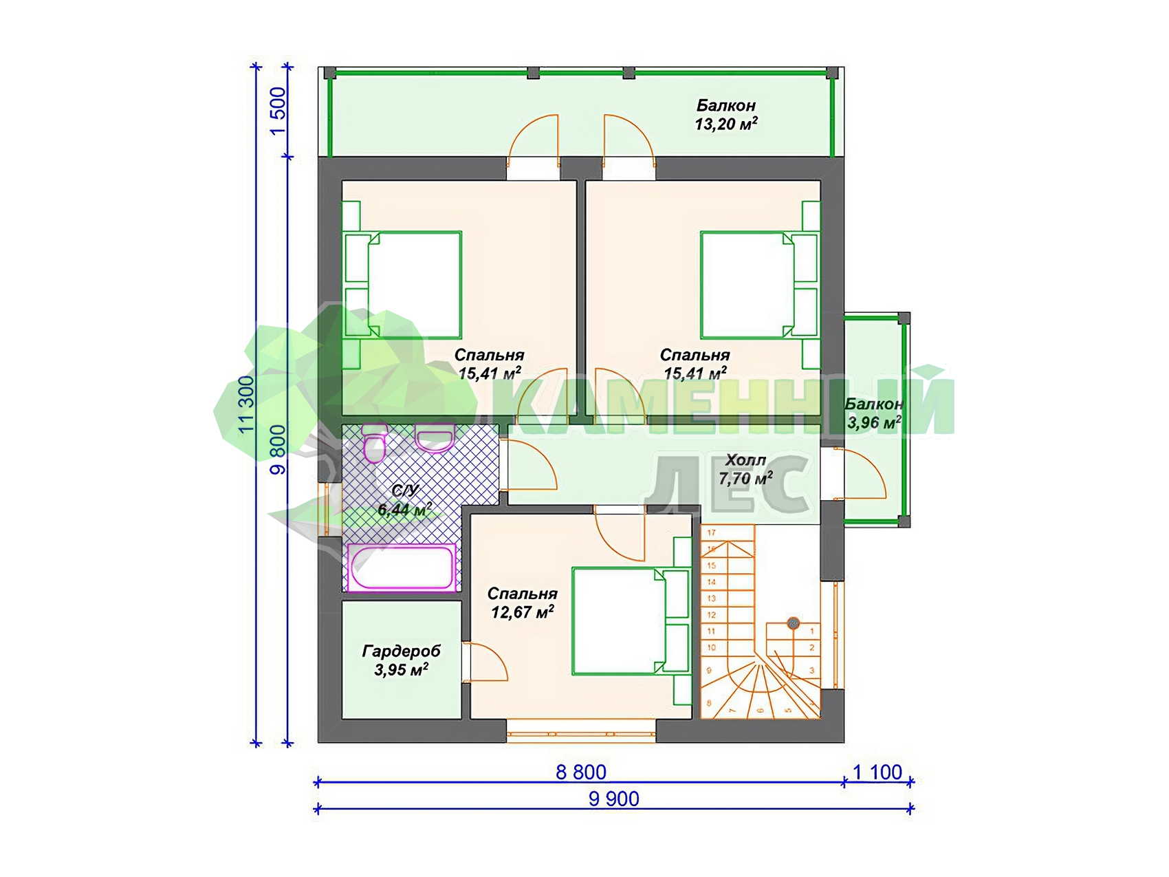 Проект 10 x 15 дома из арболита 8 на 10 м², с 3 спальнями