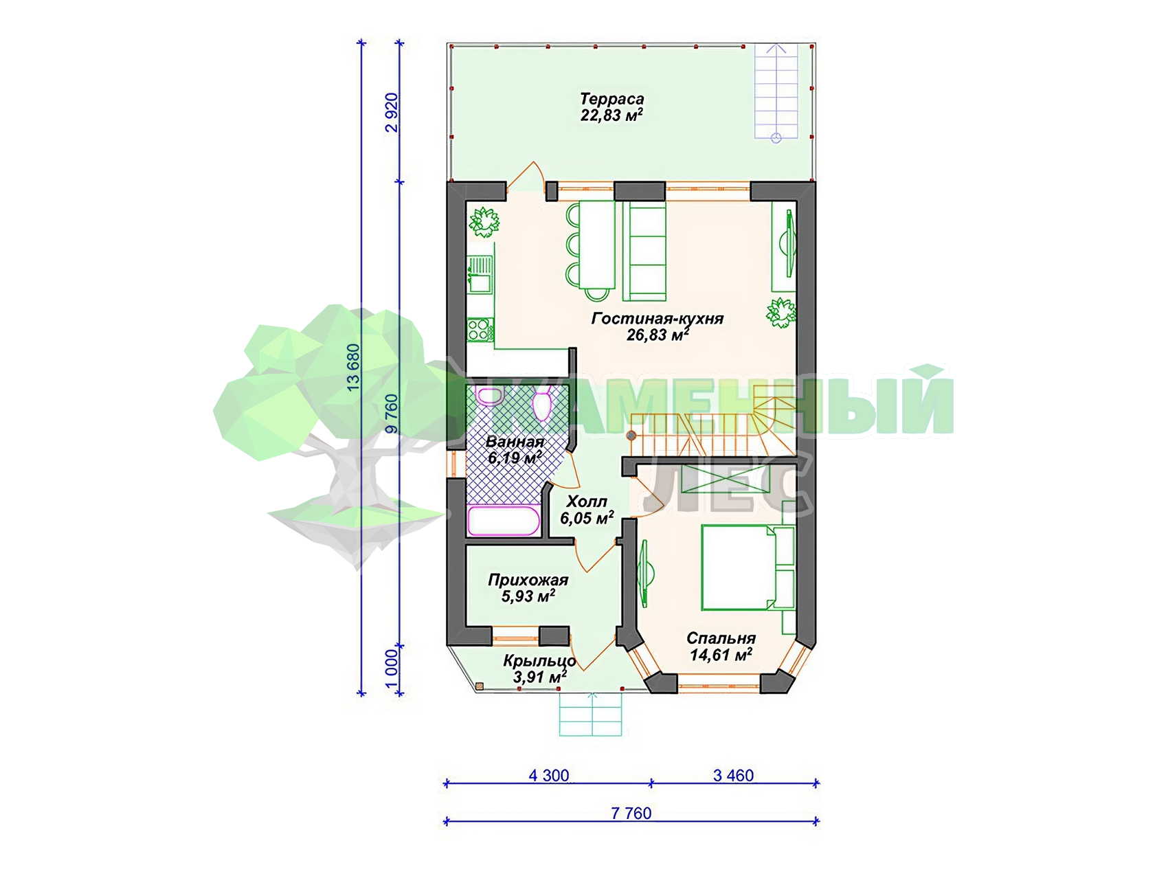 Проект 8 x 14 дома из арболита 140 м² с мансардой, 4 спальнями и эркером