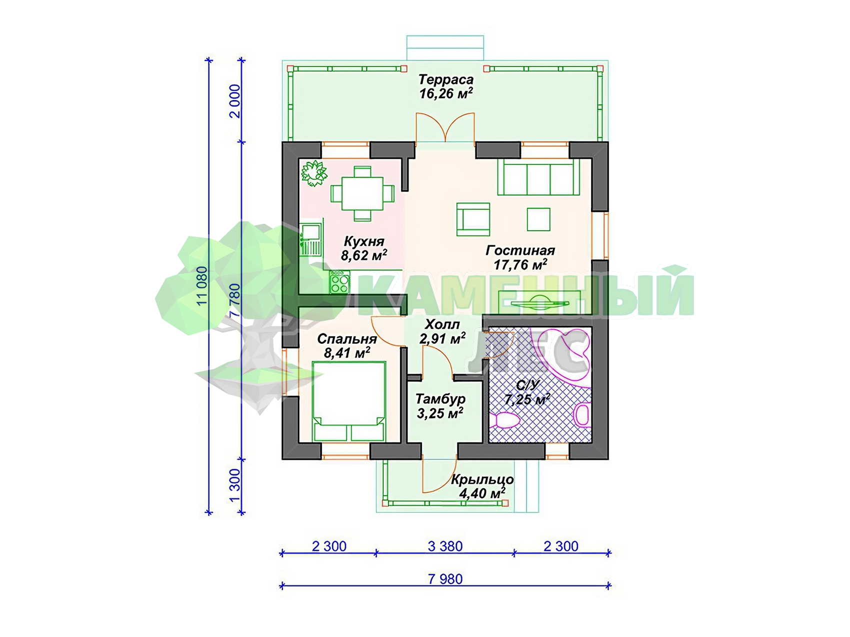 Проект 8 x 11 одноэтажного дома из арболита 50 м² с террасой и 1 спальней