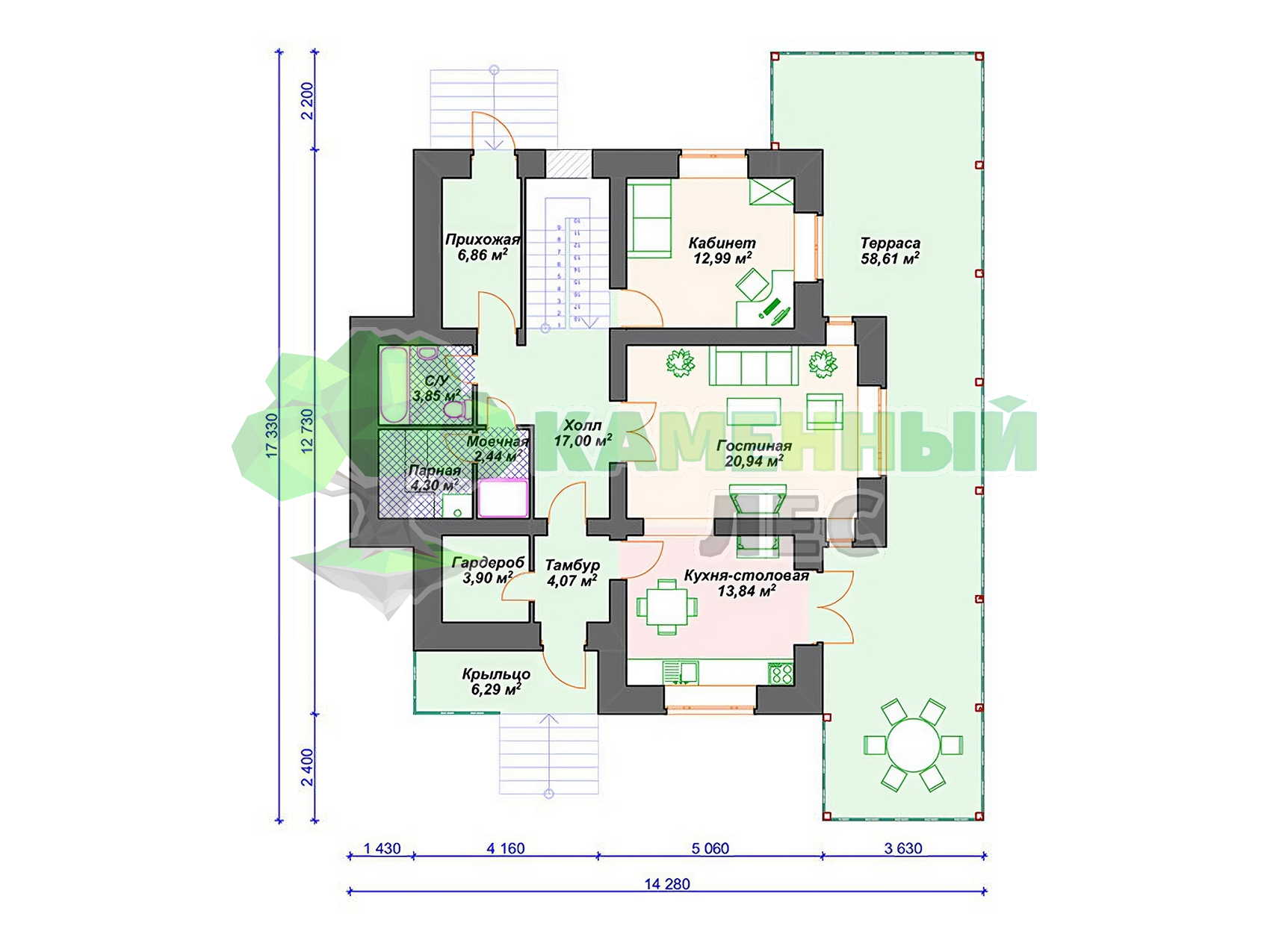 Проект 14 x 17 дома из кирпича 170 м² с 4 спальнями, сауной и террасой