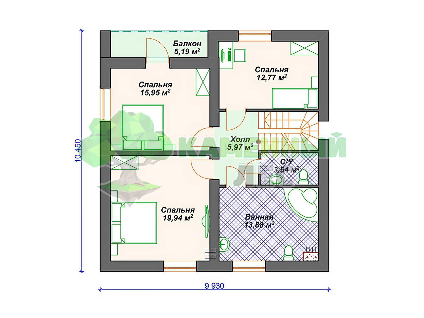 Проект 10 x 12 дома из арболита 160 м² с мансардой, 3 спальнями и балконом,